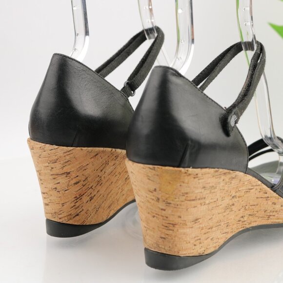 Teva Womens Riviera Sandals Size 11.5 Black Leather Strappy Cork Wedge Heel Shoe - Picture 4 of 12